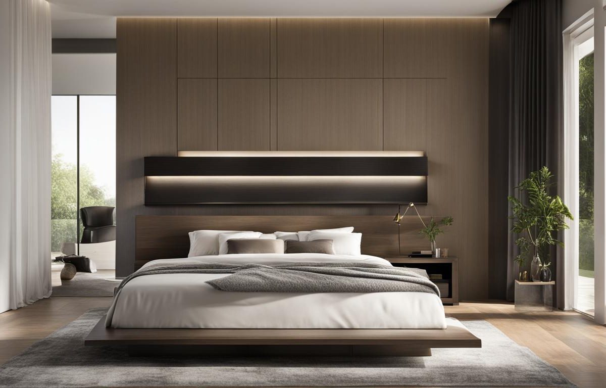 Modern bedroom Decor Ideas with a minimalist design featuring neutral colors and sleek furniture. The room has natural light streaming in through large windows.