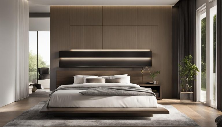 Modern bedroom Decor Ideas with a minimalist design featuring neutral colors and sleek furniture. The room has natural light streaming in through large windows.