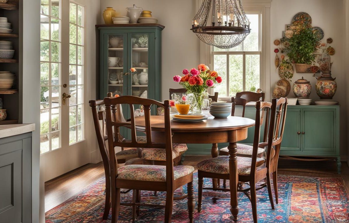 Small dining room furniture ideas. A cozy dining nook with a small round table and mismatched chairs.