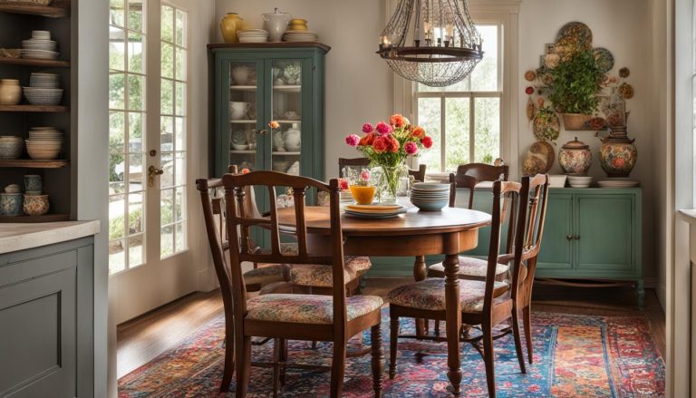 Small dining room furniture ideas. A cozy dining nook with a small round table and mismatched chairs.
